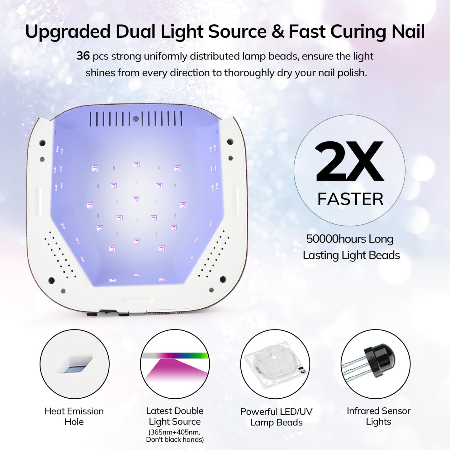 Lavinda UV LED Nail Lamp for Gel Nails, Cordless Rechargeable Nail Light with 4 Timer Settings, Touch LCD Display, Removable Base, 54W Professional Nail Dryer for Salon Home Use Diamond Design