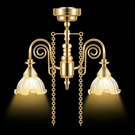 TOYANDONA Miniature Dollhouse Chandelier – Gold Double-Head Floral Ceiling Light with Light Display, Vintage Hanging Lamp Mini Furniture Accessories for Dollhouse Decor