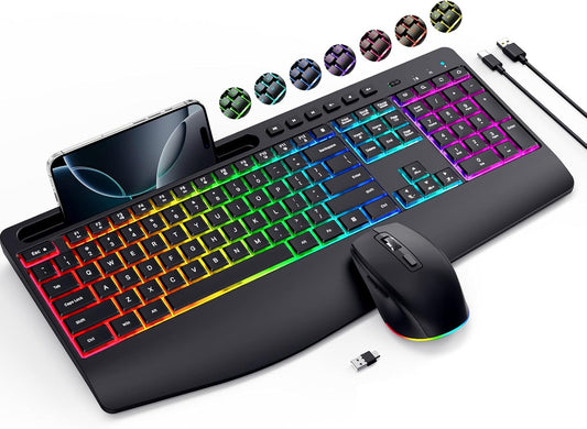 VEILZOR 2.4G 9 Set Wireless Keyboard and Mouse Combo- Rechargeable Keyboard with Phone Holder, Ergonomic Wrist Rest