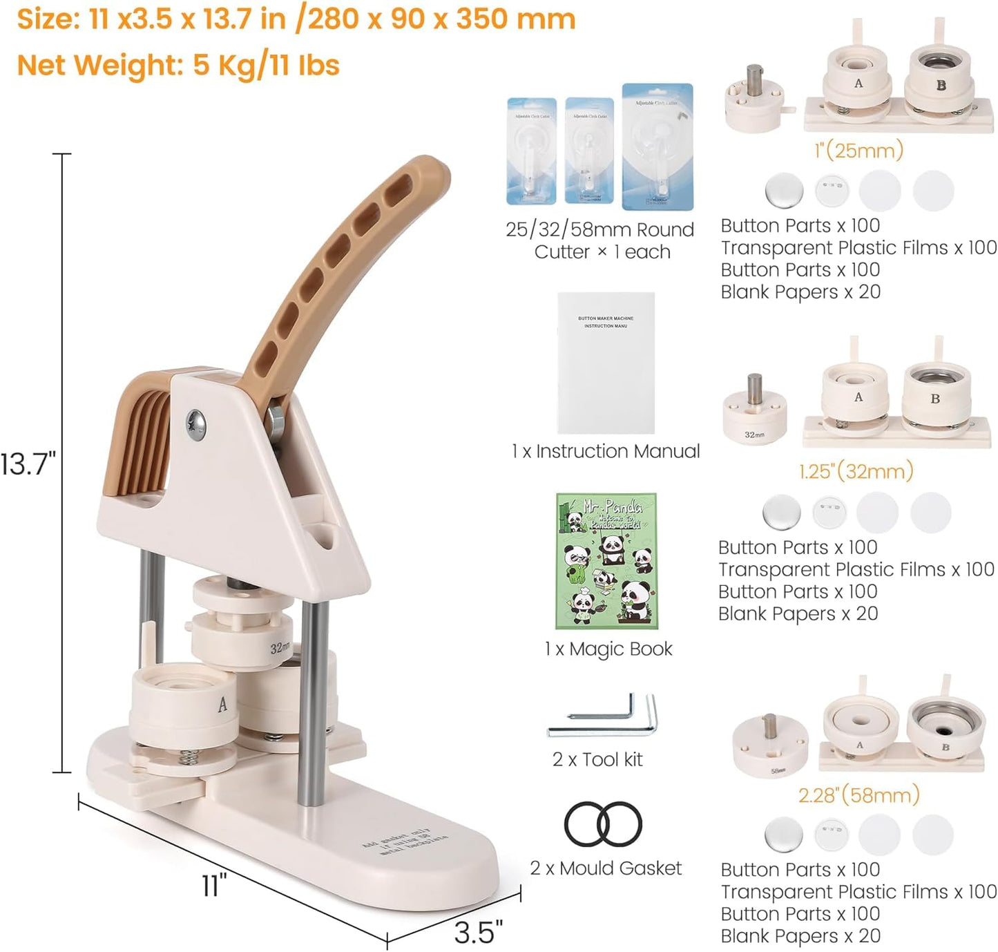 3-in-1 Button Maker Machine for 1/1.25/2.28 inch (25/32/58mm) Badges | Ergonomic Arc Handle Press Kit with 300pcs Button Parts | Includes Circle Cutter & Guidebook for DIY Crafts and Gifts