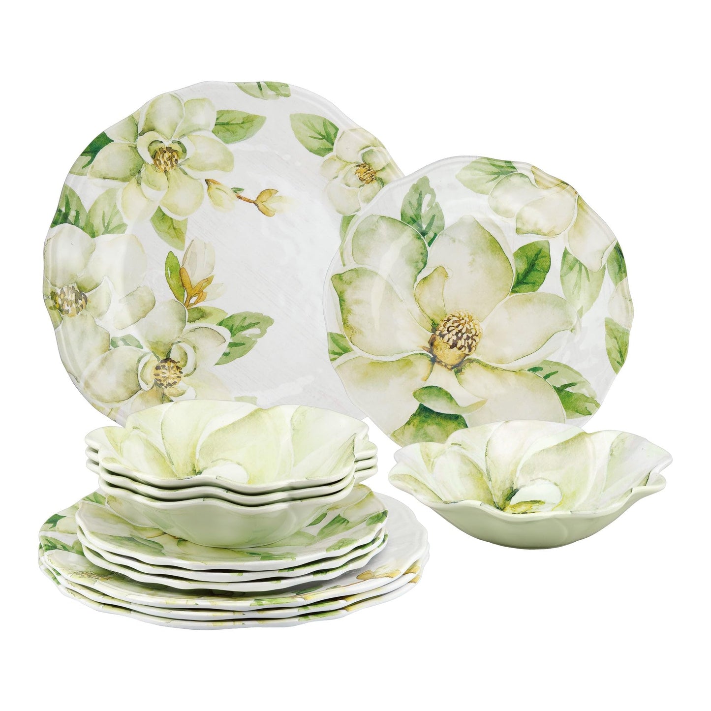 UPware 12 Piece Magnolia Melamine Dinnerware Sets, Outdoor Dishes Set, Plates and Bowls Sets, Service for 4, Green