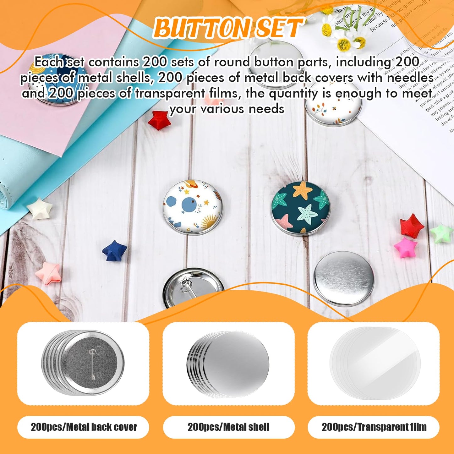 Vanttokeey 200Pcs Button Maker Supplies, 25mm 32mm 58mm Button Supplies Badge Part with Metal Back Cover, Metal Shells, Transparent Film (25mm/1in)