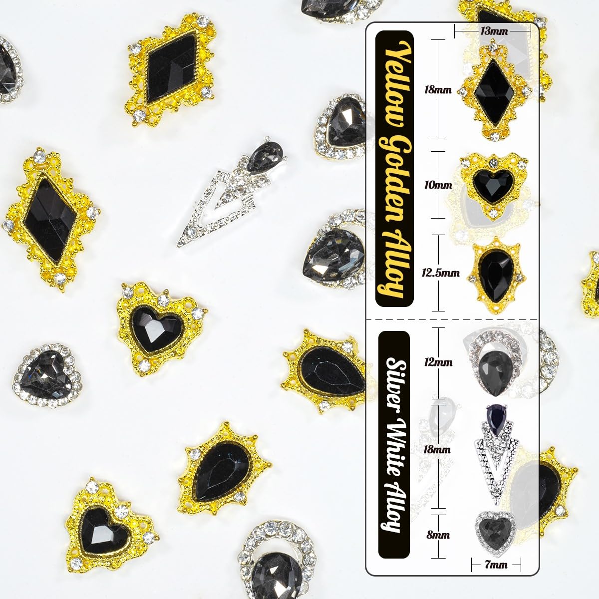 24pcs Black Luxury Nail Charms +2000pcs Jet Black Rhinestones 3D Big Nail Gems K9 Glass Nail Crystals Diamonds Jewelry Stones Alloy Nail Art Studs Decor Supplies Heart Charms for Arylic Nails Crafts