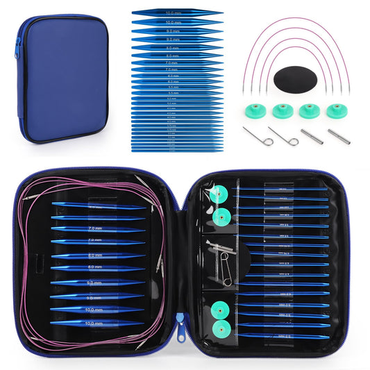Interchangeable Circular Knitting Needles Set, 13 Pairs (26pcs) Aluminum Knitting Needles Kit, Sizes 3.0mm-10.0mm, Knitting Needle Case & Accessories, for Knitting Projects, Beginners & Advanced