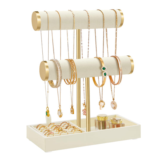 SONGMICS Bracelet Holder Stand, Jewelry Display Stand, Jewelry Organizer, with 2 Tiers and Velvet Tray, Removable Ring Holder, Cream White and Pale Gold UJJS039W101