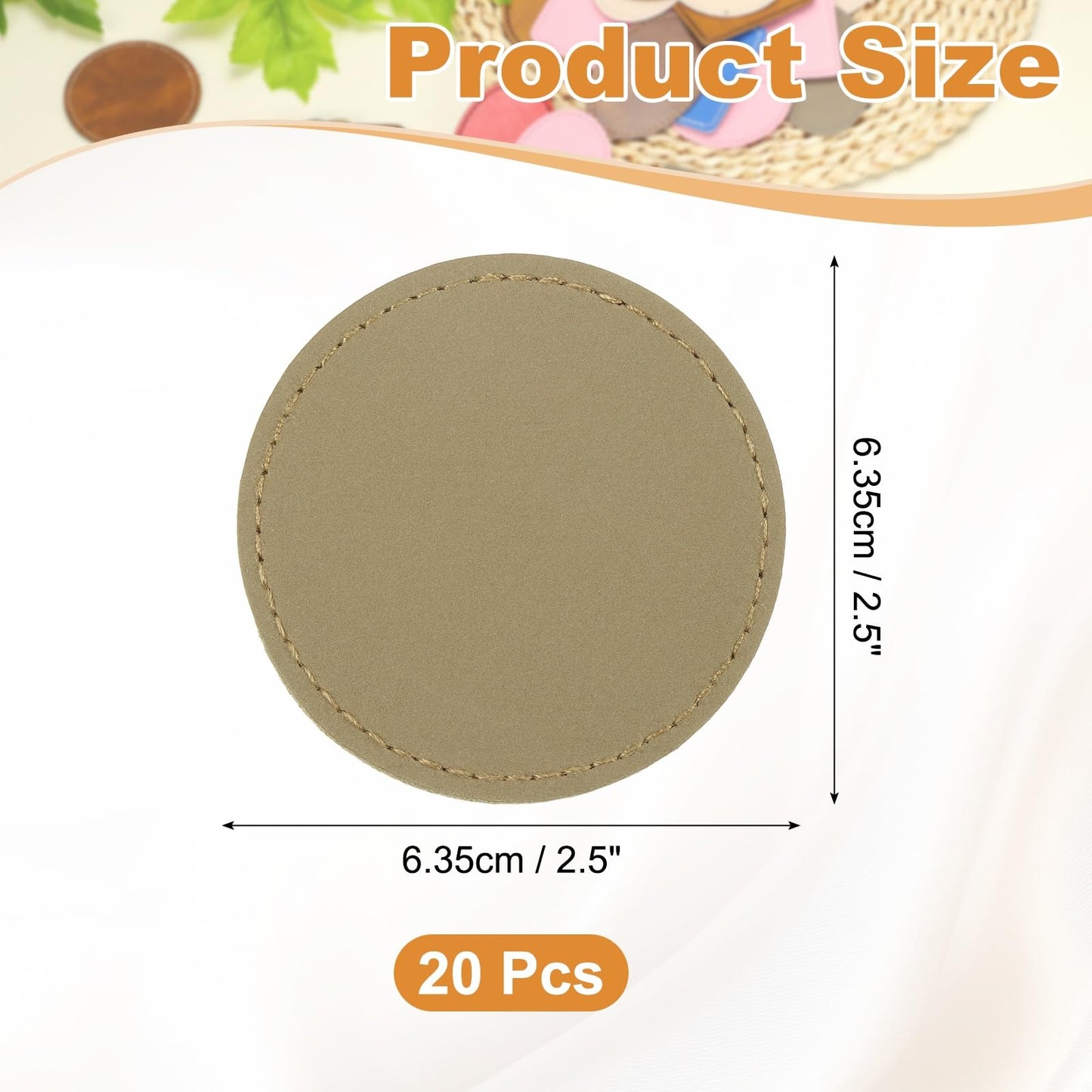 uxcell 20 Pcs Leather Patches for Hats, Round Leather Hat Patches with Adhesive, Rustic Faux Iron on Blank Patch for Laser Engraving Fabric Repair Sew Crafts, Khaki