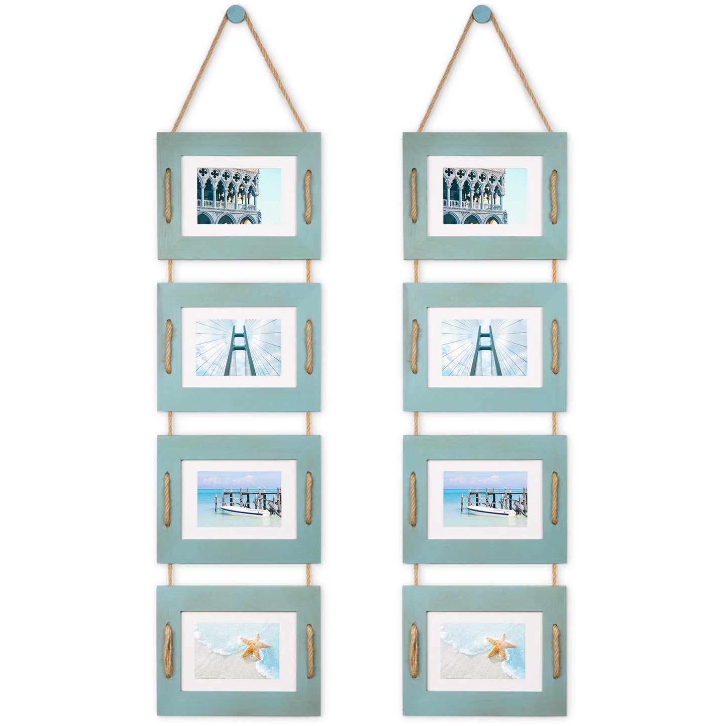 DLQuarts 5x7 Hanging Collage Picture Frames Wall Decor, 4-Opening 5x7 Matted to 3.5x5 Photo Rustic Wood Frame with Hemp Rope, 2 Pack, Ocean Blue