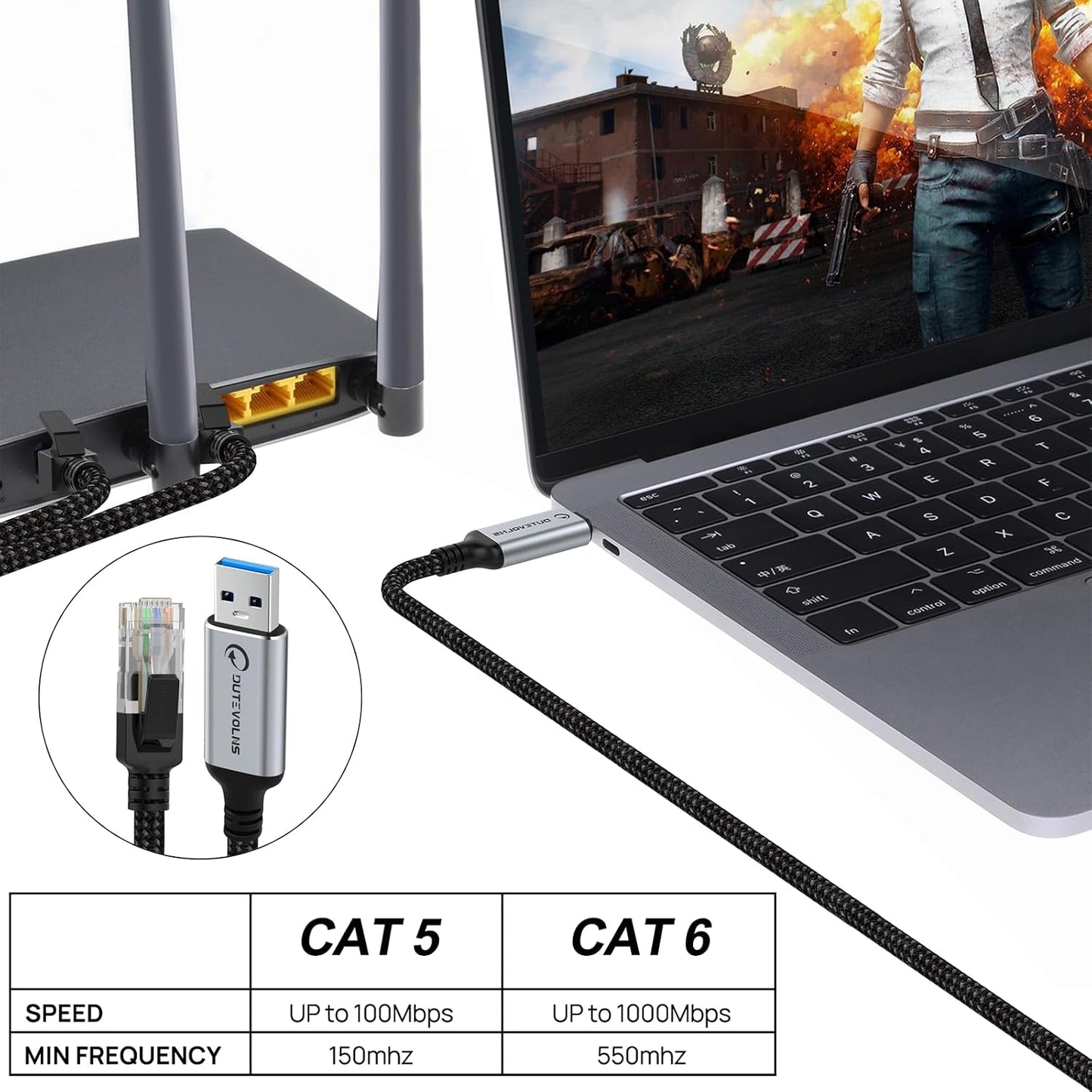 10 3.0 RJ45 10 11 USB to Ethernet Cable FT, USB A to Male Nylon Adapters, Gigabit Directly Connected, Compatible