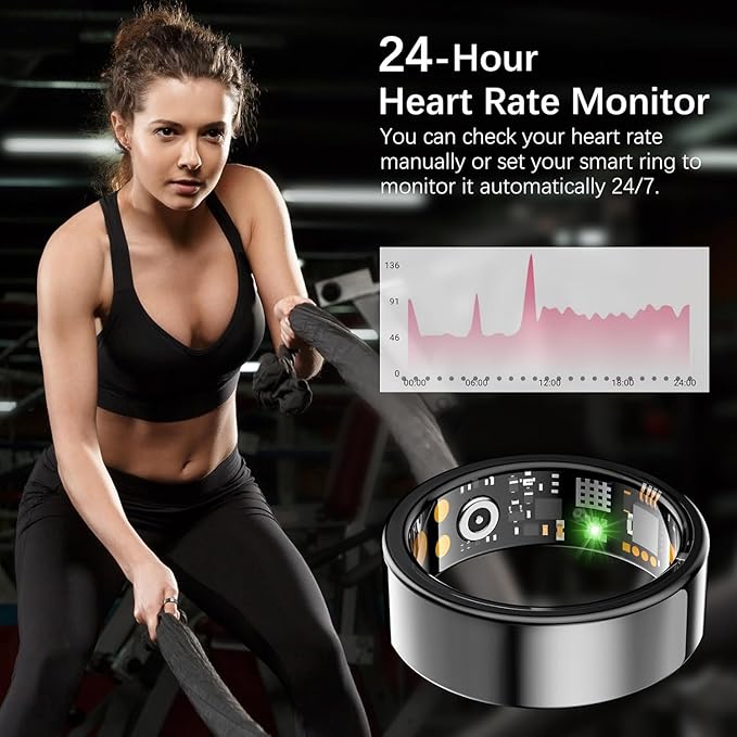 Ring Health Tracker for Women Men, Fit Ring with Heart Rate, Blood Oxygen, Sleep Monitor, Calories, Step Counter, IP68 Waterproof Smart Ring for iPhone & Android, No Subscription Fee (Black, 13#)