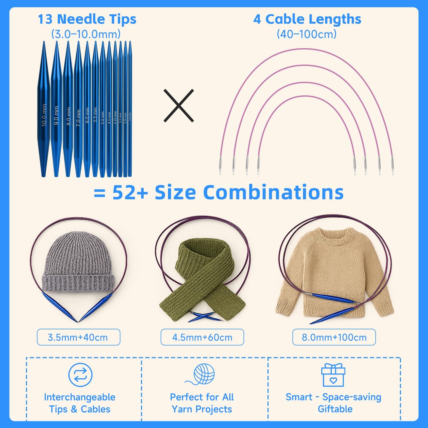 Interchangeable Circular Knitting Needles Set, 13 Pairs (26pcs) Aluminum Knitting Needles Kit, Sizes 3.0mm-10.0mm, Knitting Needle Case & Accessories, for Knitting Projects, Beginners & Advanced