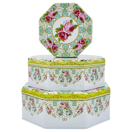 hadaaya Pack of 3 Octagon Shaped Cookie Tins with Lid, Multipurpose Nesting Storage for Cookies, Candy, Office Supplies, Pink & Green French Gilded Roses Design