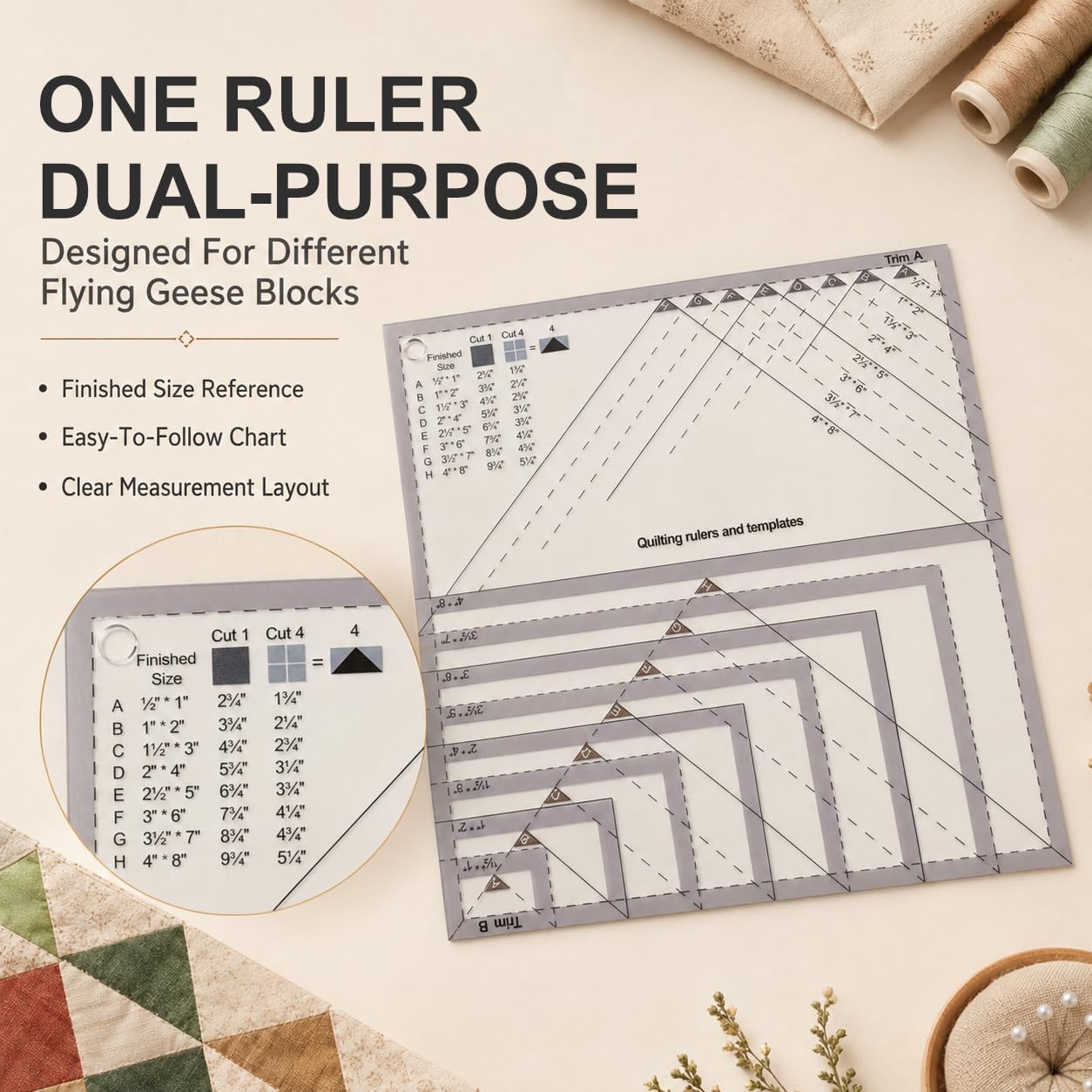 Ultimate Flying Geese Quilting Rulers, Versatile Template for Multiple Block Sizes, Durable Acrylic Trimming Tool for Accurate Patchwork & Sewing
