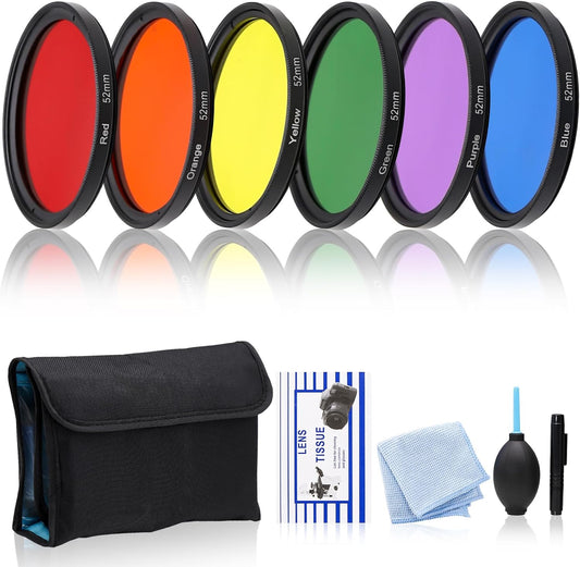 CASYDYEN 6-Piece 52 mm Full Color Lens Filter Kit for DSLR Cameras Includes Red Orange Yellow Green Blue Purple
