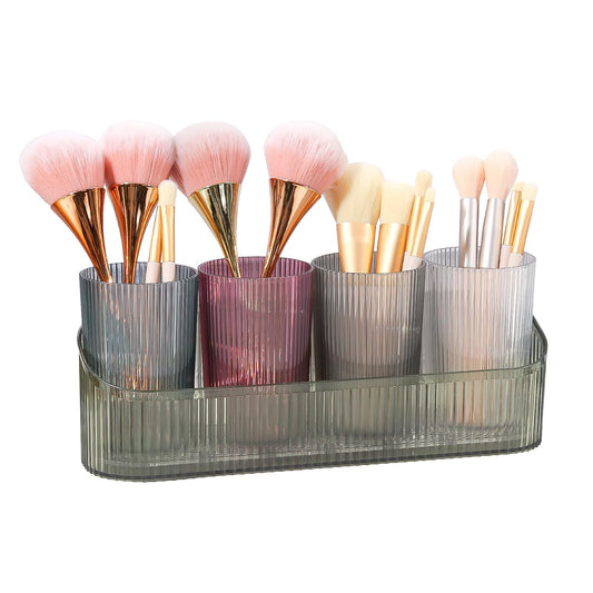 DASITON Makeup Brush Holder Organizer with 4 Cup, Vintage Striped Make Up Brush Holder for Vanity, Bathroom Toothbrush Holders, Acrylic Cosmetic Brushes Storage Organizer Pen Holder (Green+Multicolor)