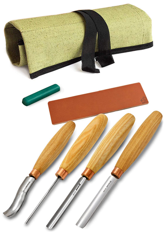 BeaverCraft Wood Carving Gouges Chisels Kit SC01 - Wood Spoon Carving Chisel Set - Whittling Tools Includes Radial Gouges, Flat Chisel, Bent Gouge, Leather Strop & Rolling Pouch