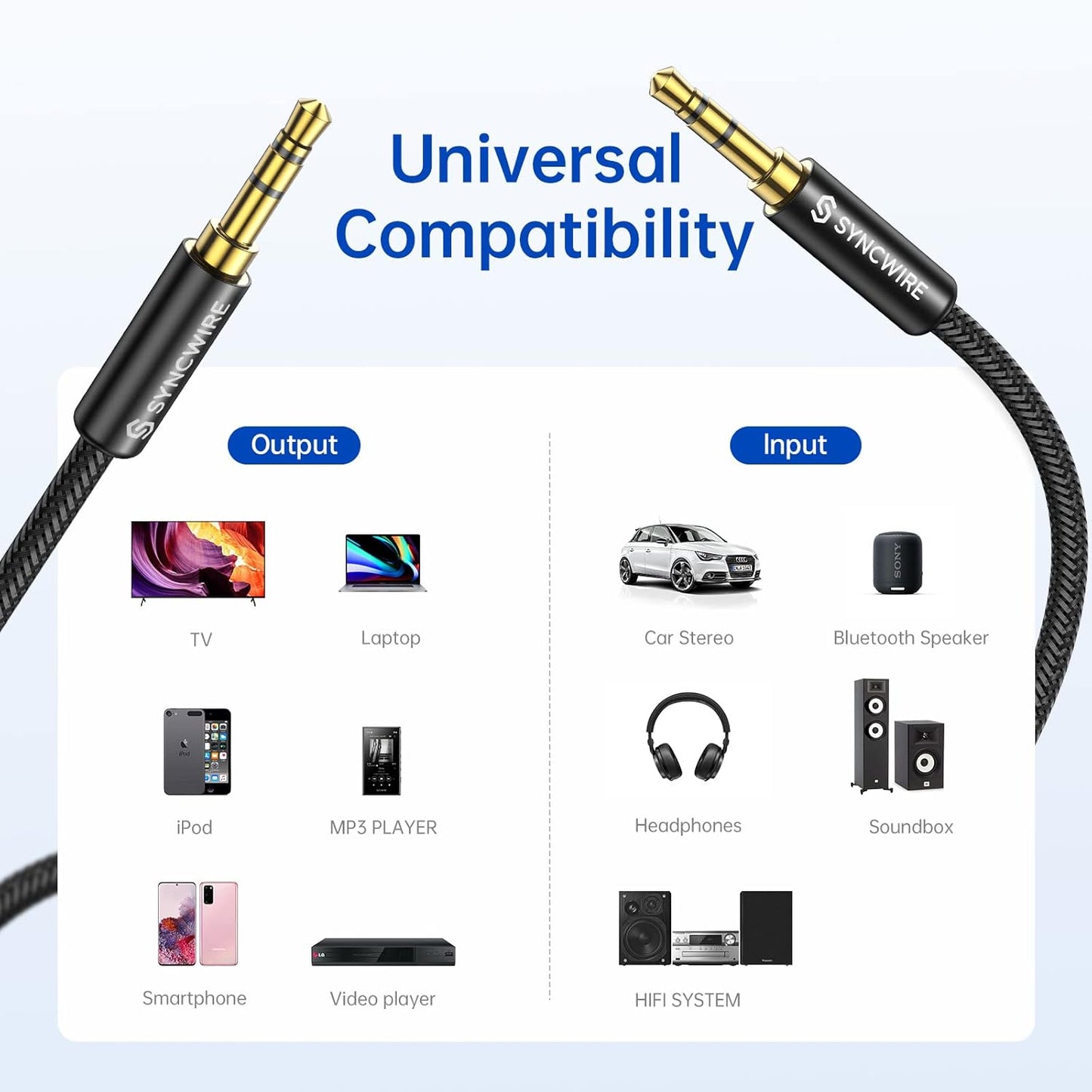 3.5mm (9.8ft/3m) SYNCWIRE Aux Cable Hi-Fi Sound Nylon Braided Auxiliary Audio Cable Adapter Male to Male AUX Cord