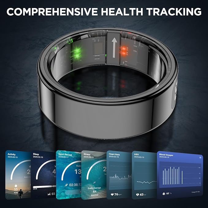 Smart Rings for Men with Display Screen, Fitness Ring with Wireless Charging, Sleep Tracker Ring with Heart Rate, Health Rings for Activity Monitoring/Steps/Calories, for iOS Android (Black,13#)
