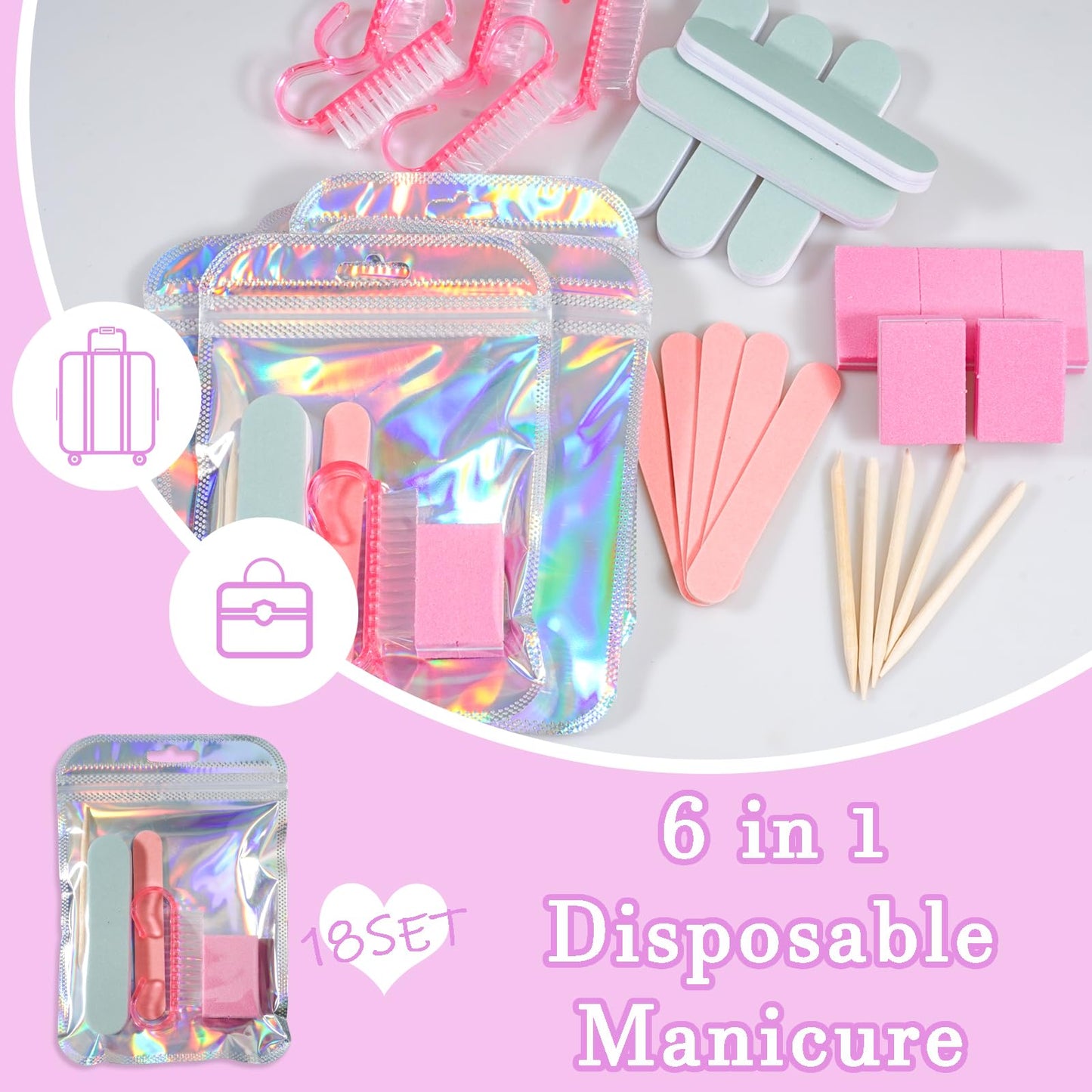Disposable Manicure Kit Professional, 18 Set Press On Nail Tool Kit with Nail File, Nail Buffer, Nail Buffer Block, Nail Handle Brush, Wood Stick, Packaging Bag (Pink)
