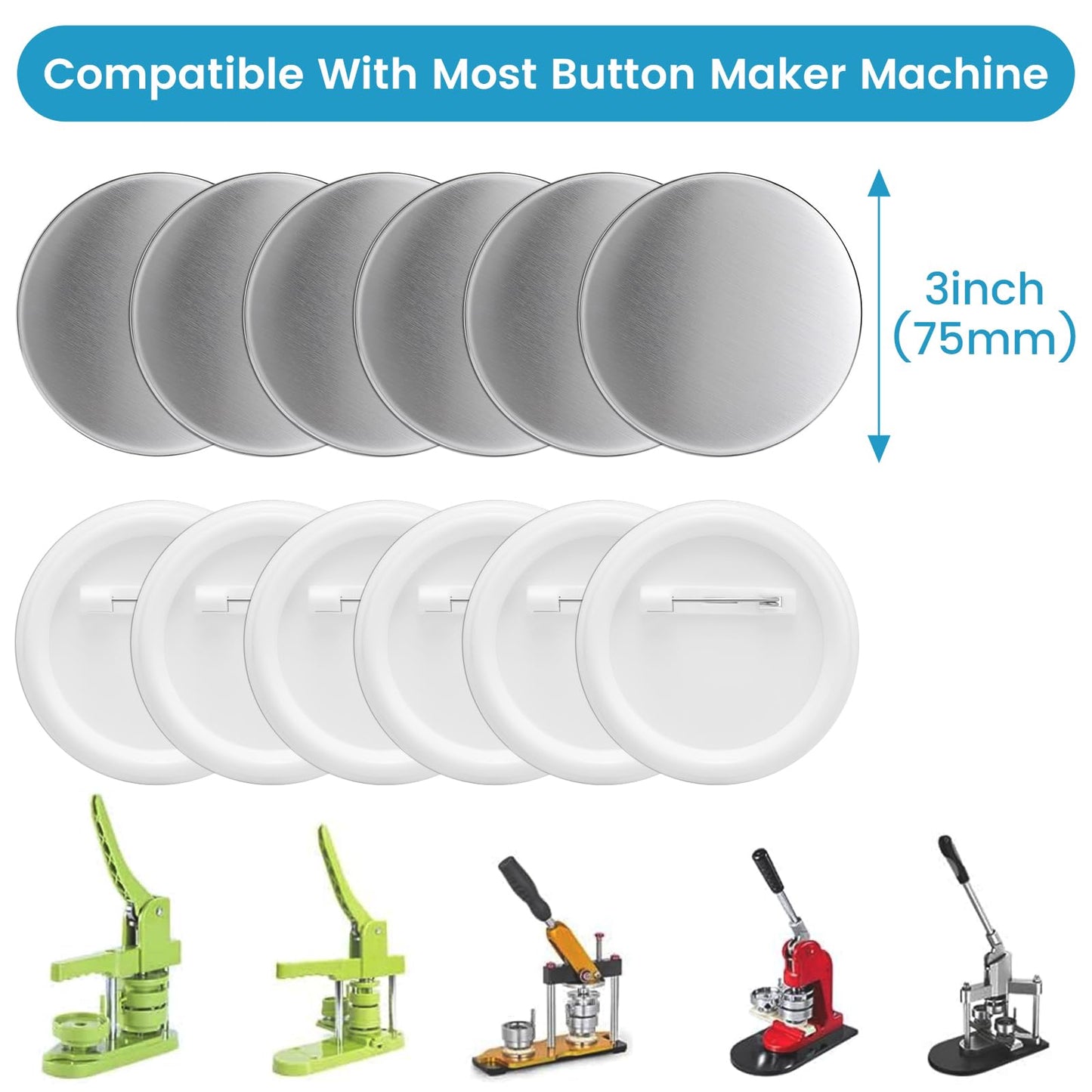 100 Sets Button Maker Supplies, 75mm/3 inch Button Supplies, with Plastic Pin Back Cover, Metal Cover, Transparent Film and Blank Paper, Suitable for Button Making Machine and Pin Maker Press