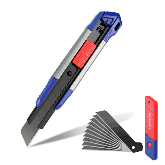WORKPRO 18mm Retractable Utility Knife, Heavy Duty Snap-off Box Cutter with 10-Piece SK5 Blades for Cartons, Cardboard and Boxes, Perfect for Office and Home Use