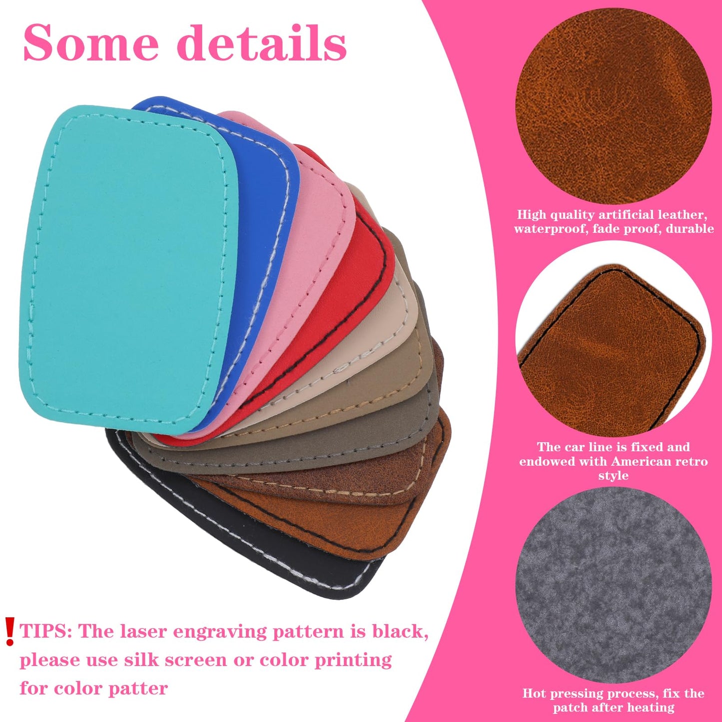 100 Pcs Blank Leather Hat Patches for Laser Engraving, Iron on Leather Patches for Hats, 10 Colors PU Faux Leatherette Adhesive Patch for DIY, Repair, Customization (3 x 2 inch)