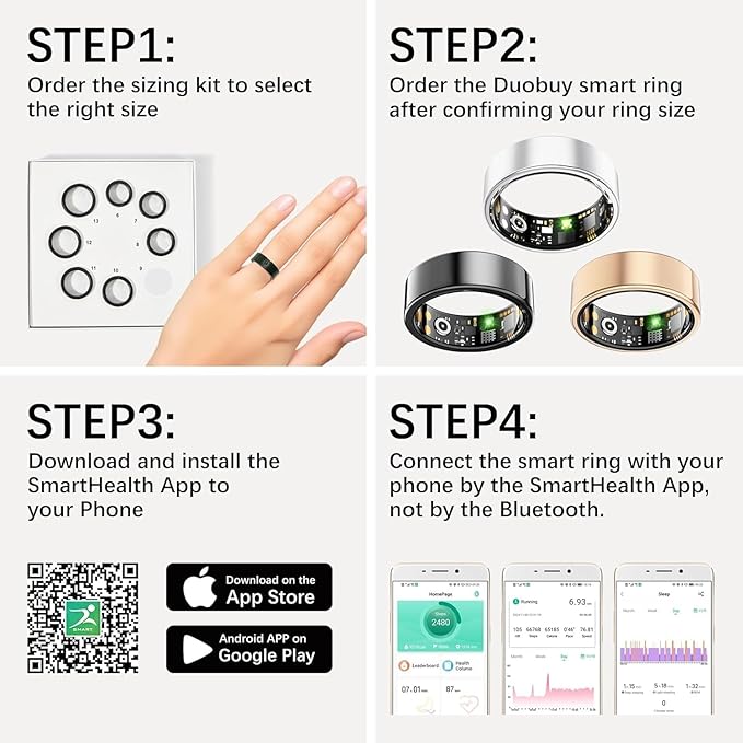 Smart Health Rings for Women Men, Fitness Tracker with Heart Rate, Blood Oxygen, HRV, Sleep Tracker, Step Tracker, No Subscription Fee, IP68 Waterproof Smart Ring for iphone & Android (Black 8#)