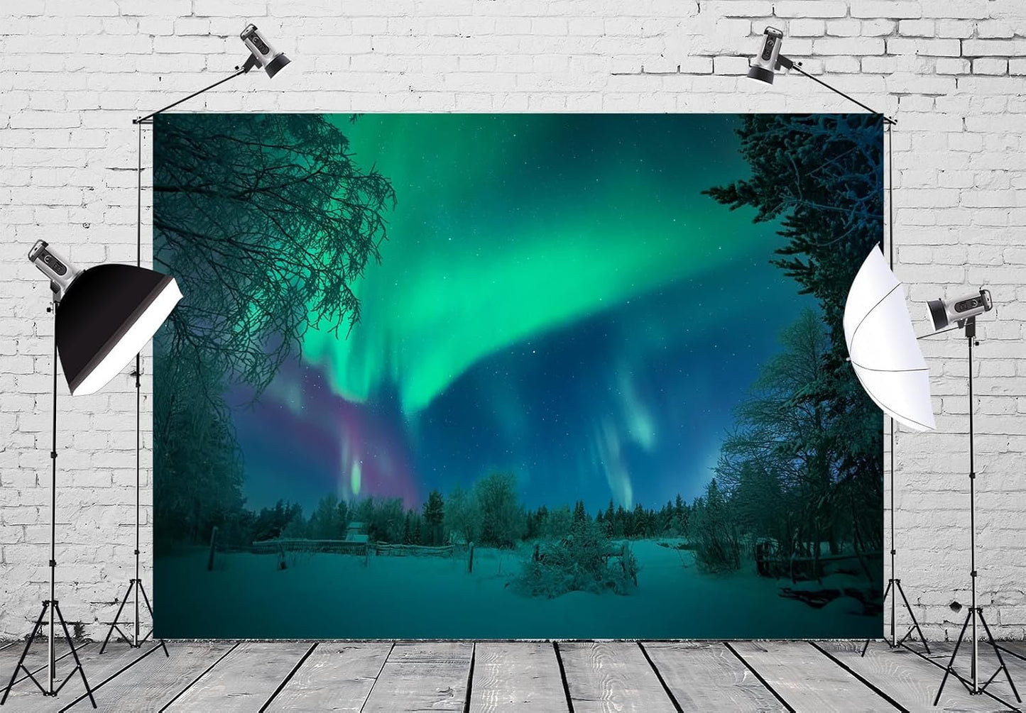 BELECO 8x8ft Fabric Aurora Borealis Backdrop Winter Forest Snowfield Northern Lights Night Sky Background Polar Lights
