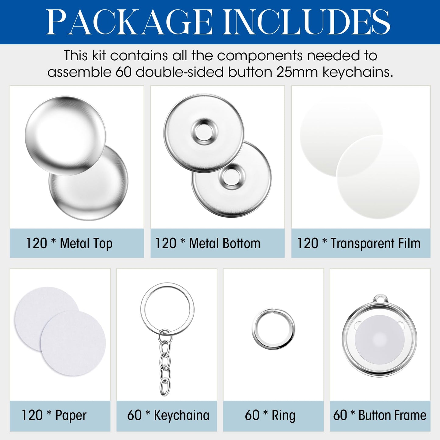 Quelay 60 Sets Keychain Button Making Supplies Double Sided Keychain Double-Sided Metal Parts for Hand Press Round Badge Crafts Create DIY Custom Buttons(25mm,Electroplating)