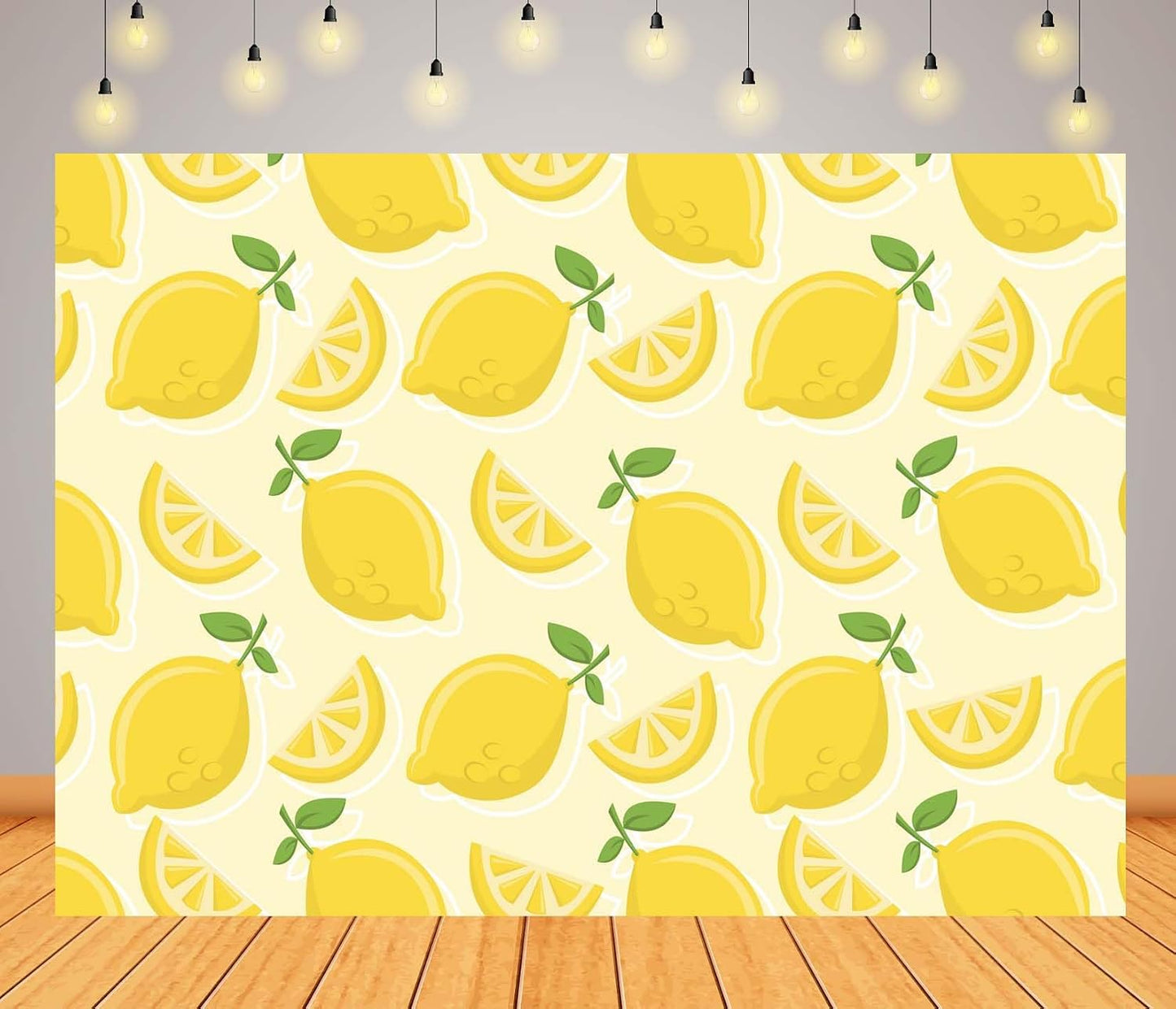 CORFOTO 7x5ft Summer Fabric Lemon Pattern Backdrop Yellow Lemons Slices Green Leaves Citrus Pattern Photography