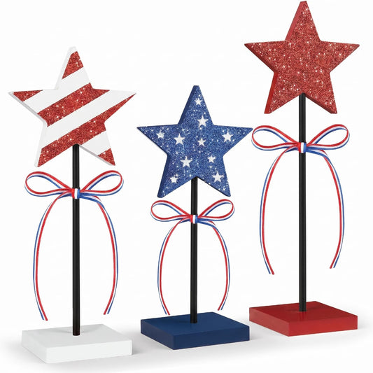 3 PCS 4th of July Table Decorations Wood Star Set, Labor Day Tiered Tray Decor, Veterans Day Memorial Day Table Decor, Red White and Blue Decorations for Home Tables