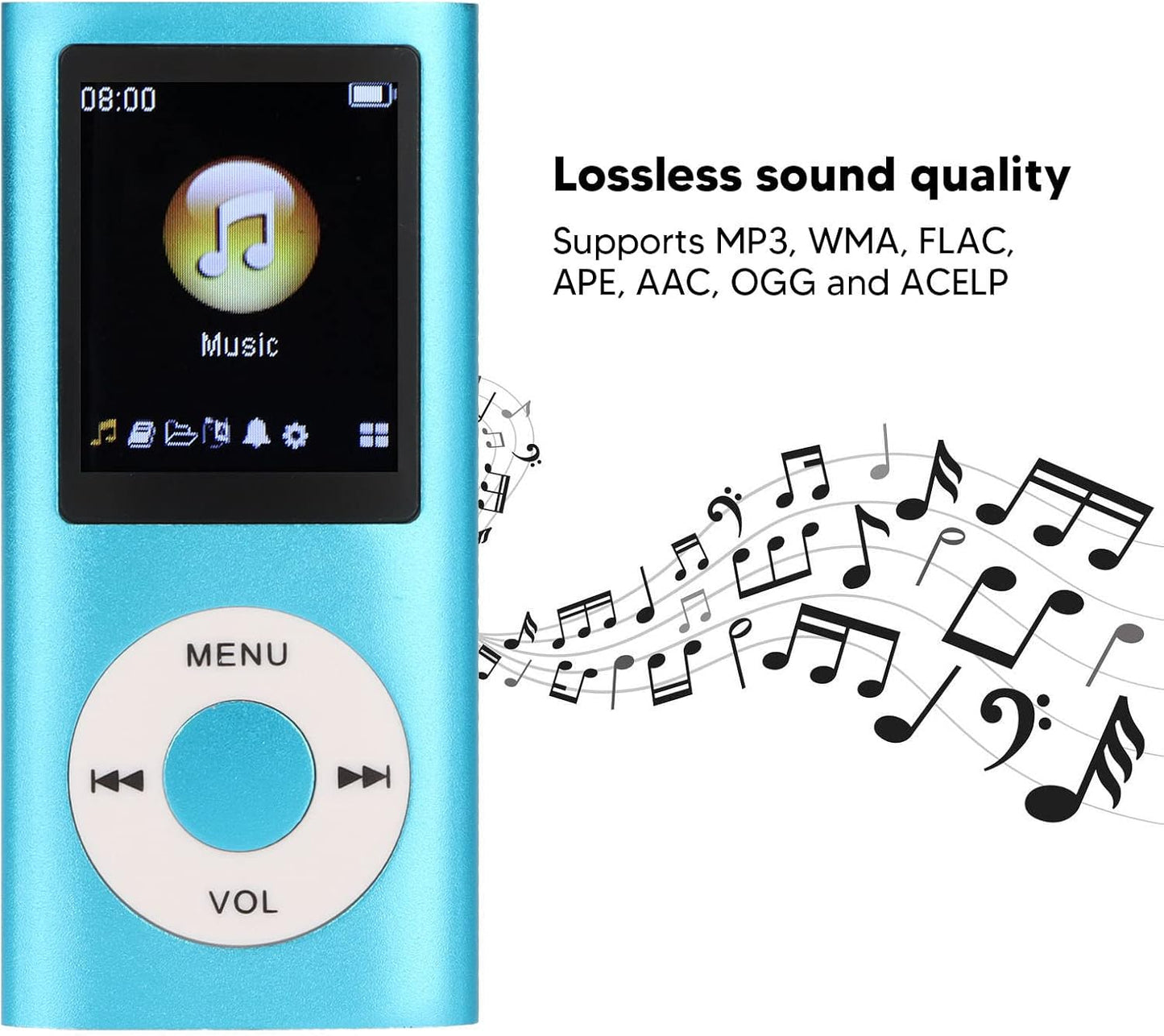 SUNGOOYUE MP3 1.8 Inch MP3 Player Stylish Multifunctional Lossless Sound Slim LCD Screen Portable Music Player (Blue)