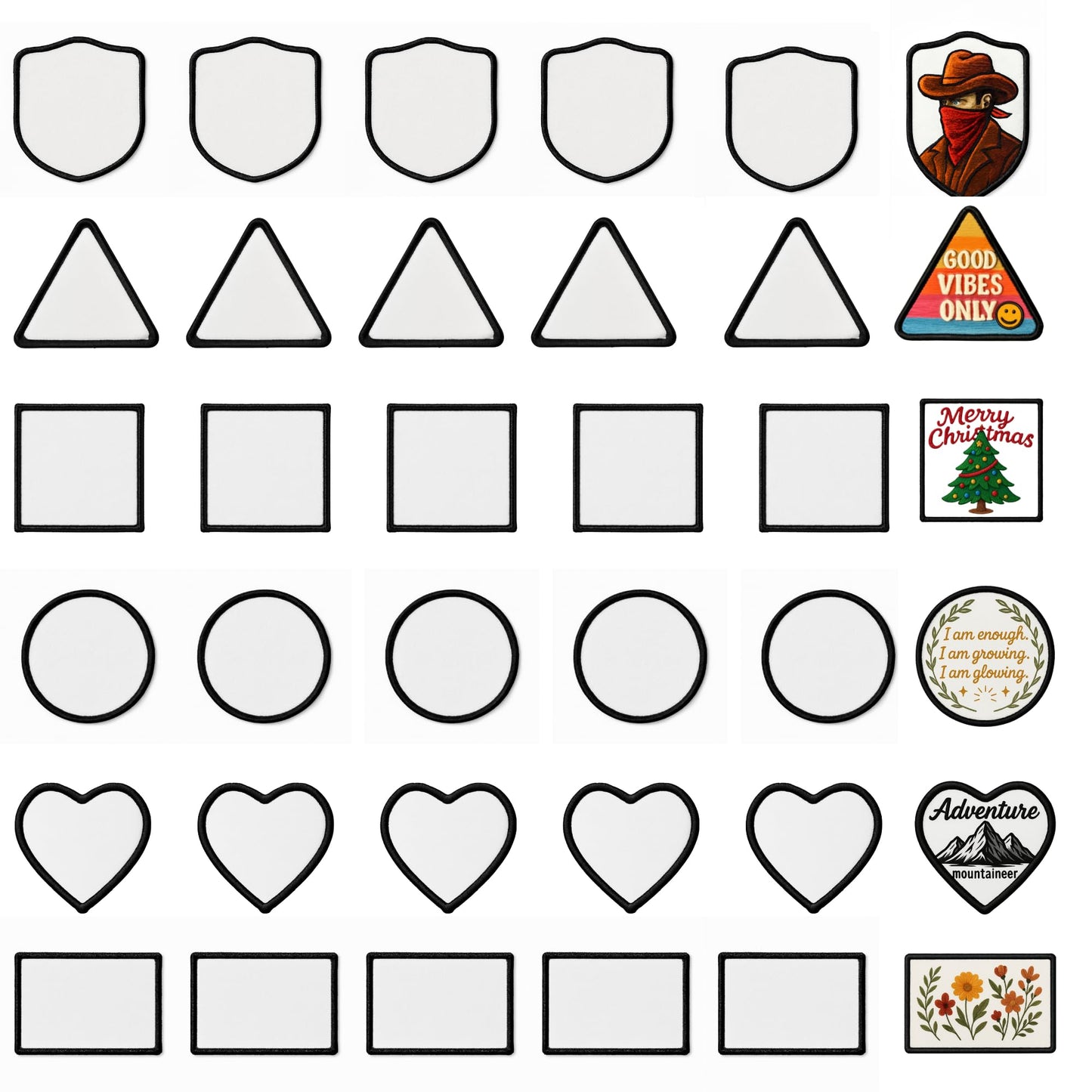 60 PCS Iron-On Sublimation Blank Patches – Mixed Shapes Polyester Fabric Patches for Hats, Backpacks, Clothes, DIY Crafts