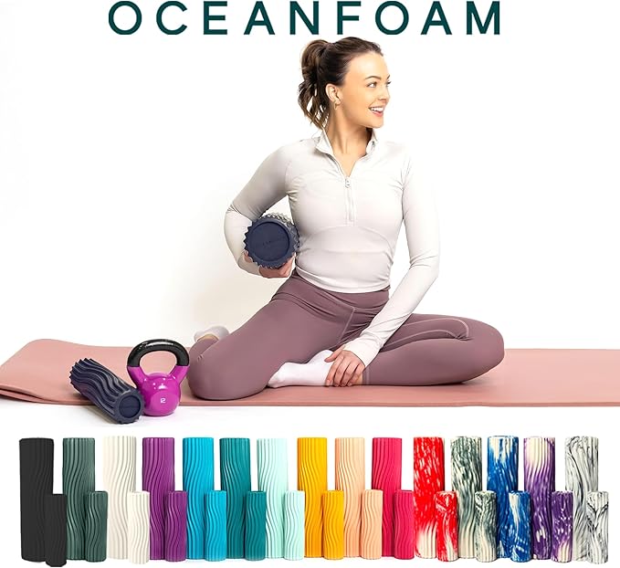 Oceanfoam Ripple Travel Foam Roller (11" x 3.35") Firm Mini Foam Roller for Physical Therapy, Deep Tissue Massage, Back Pain, High Density, Ergonomic Wave Textured, Yoga, Pilates, Exercise (Dark Navy)