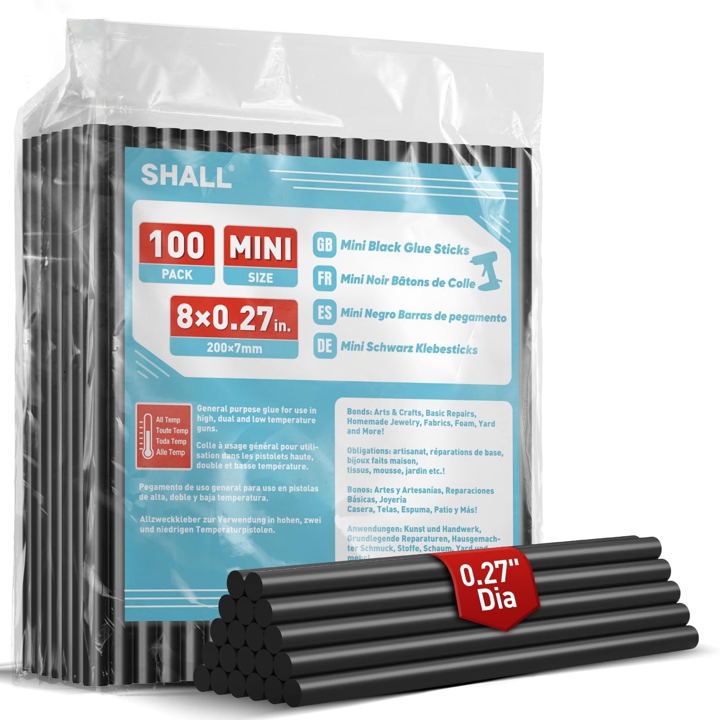 SHALL Mini Hot Glue Sticks, 0.27” Dia x 8” Long, 100 Pack Black Glue Gun Sticks for All-Temp Mini Glue Guns, Hot Melt Adhesive Glue Sticks Multipurpose for DIY Craft Sealing Repair Festival Decoration