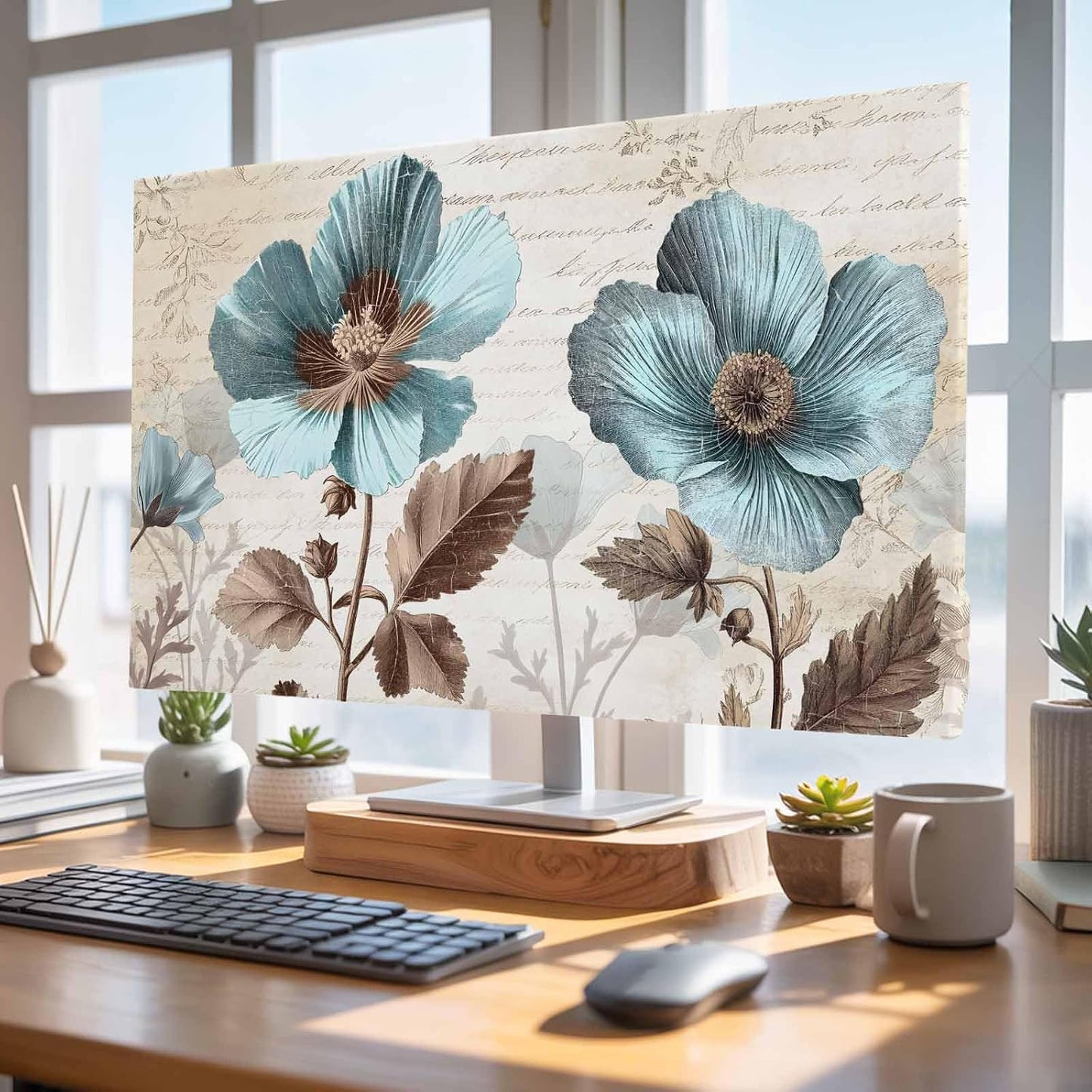 Yukro 85 Inch, 74"x42" Rustic Blue Indoor TV Dust Cover, Broccoli Flower Leaf Farmhouse Vintage Brown Elastic TV