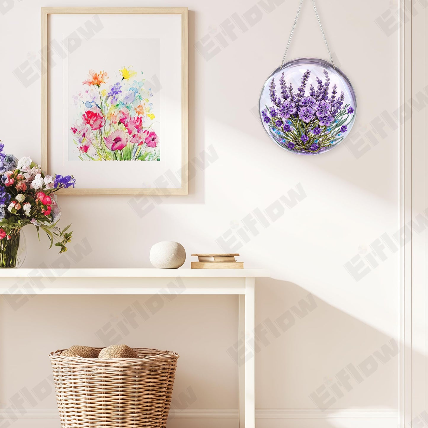 Eiflow DIY Hanging Diamond Art Kit Purple Flower, Acrylic Diamonds Painting Pendant Board Kit, 5D Gem Art Ornament Kit for Adults, Double Sided(9.4x9.4inch)