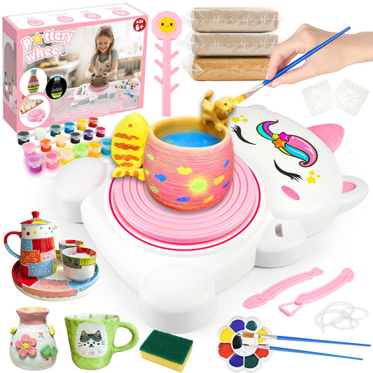 Pottery Wheel Kit for Kids with Glow Paints, Complete Pottery Arts Crafts Toys for Girls 8-12, Art Supplies for Kids 6 7 8 9 10 11 12 Toys Girls Birthday with Drawing Molds Tablecloth Air Dry Clay