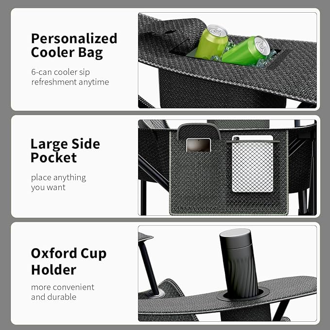 Heavy Duty Folding Chair 500LB Capacity, Oversized Camping Chairs with Cup Holder, Cooler Bag & Storage Pouch, Double-Layer Fabric, Outdoor Chairs for Sports, Lawn Chairs (1, Black Grey, Extra Large)