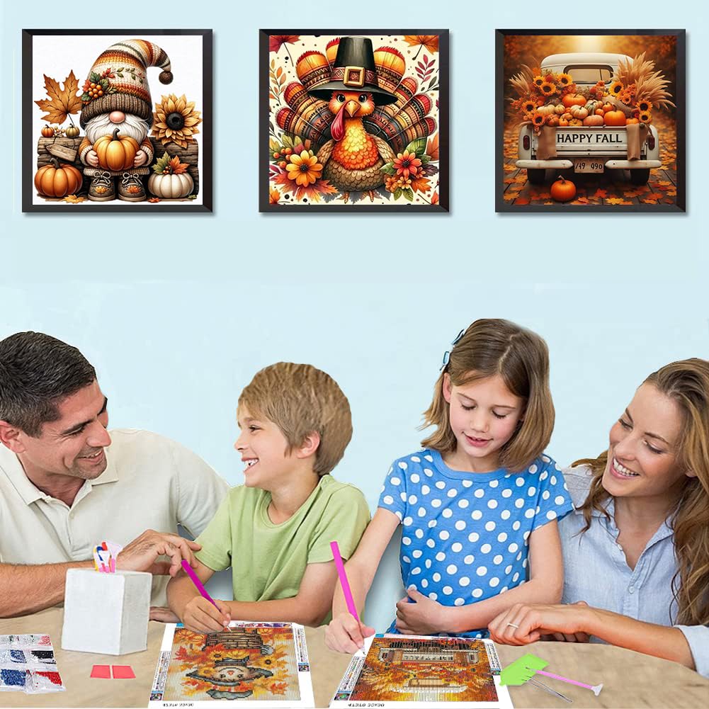 4 pack Thanksgiving Day Diamond Art Kits for Adults Beginners,Fall Turkey Pumpkin Diamond Painting Kits for Adults,5D Full Drill DIY Diamond Dot Gem Art Kit Wall Home Decor Arts Craft 12x12 inch