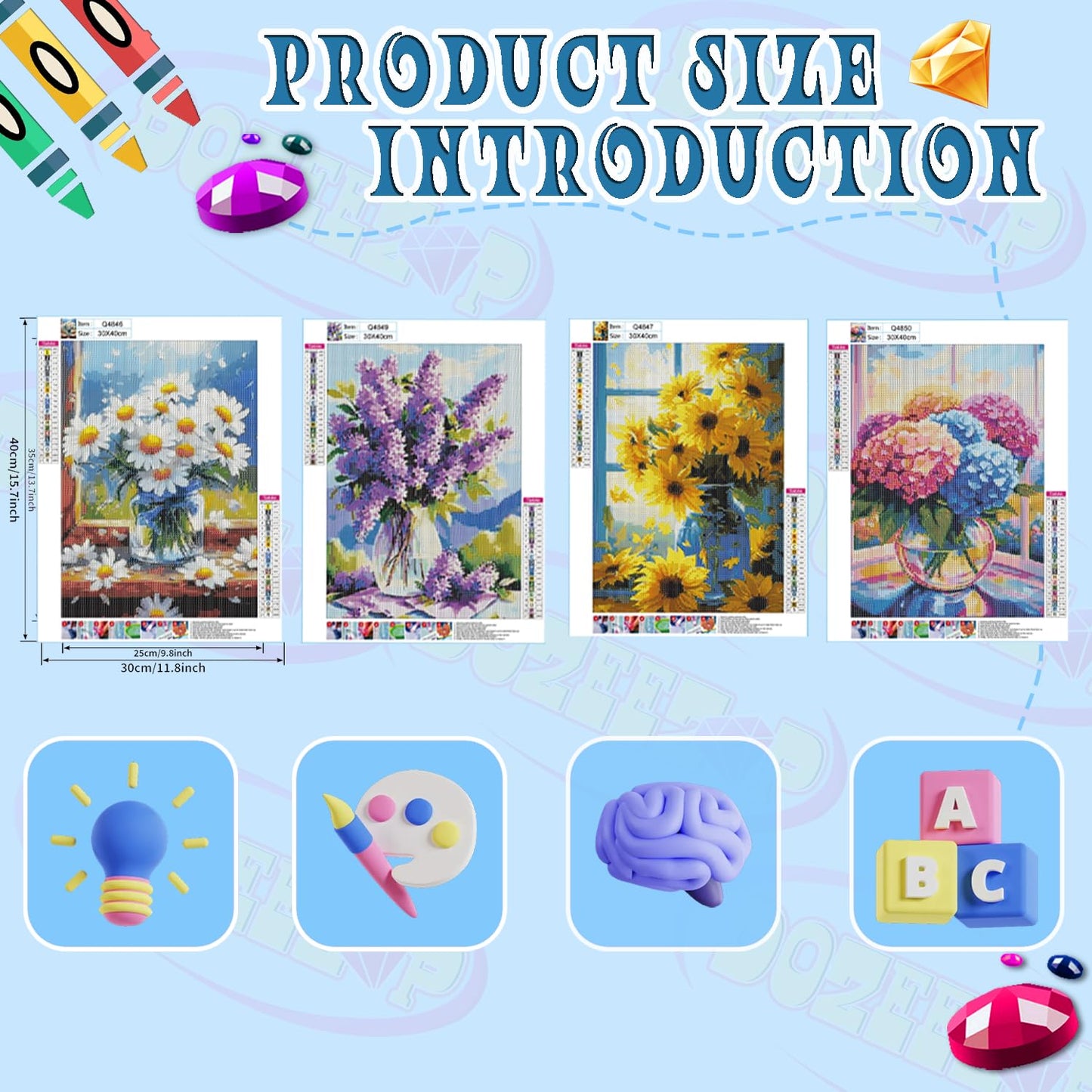 DOZEEZOP 4 Pack 5D Diamond Painting Kits for Adults, Diamond Art Kits for Beginners of All Ages, Round Full Drill Painting by Numbers Crafts Home Wall Decor 12 x 16 Inches Floral