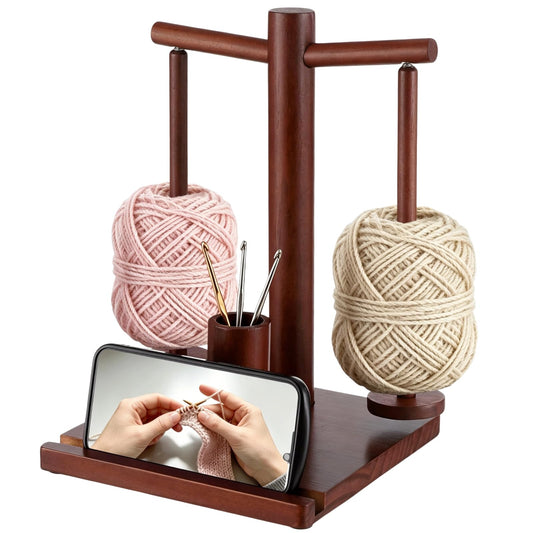 Wooden Yarn Holder for Crocheting and Knitting, Upgraded Metal-gripping Rotating Yarn Winder Ball Spinner with Spindles & Hook Storage for Knitting, Ideal Present for Crochet Accessories Tools