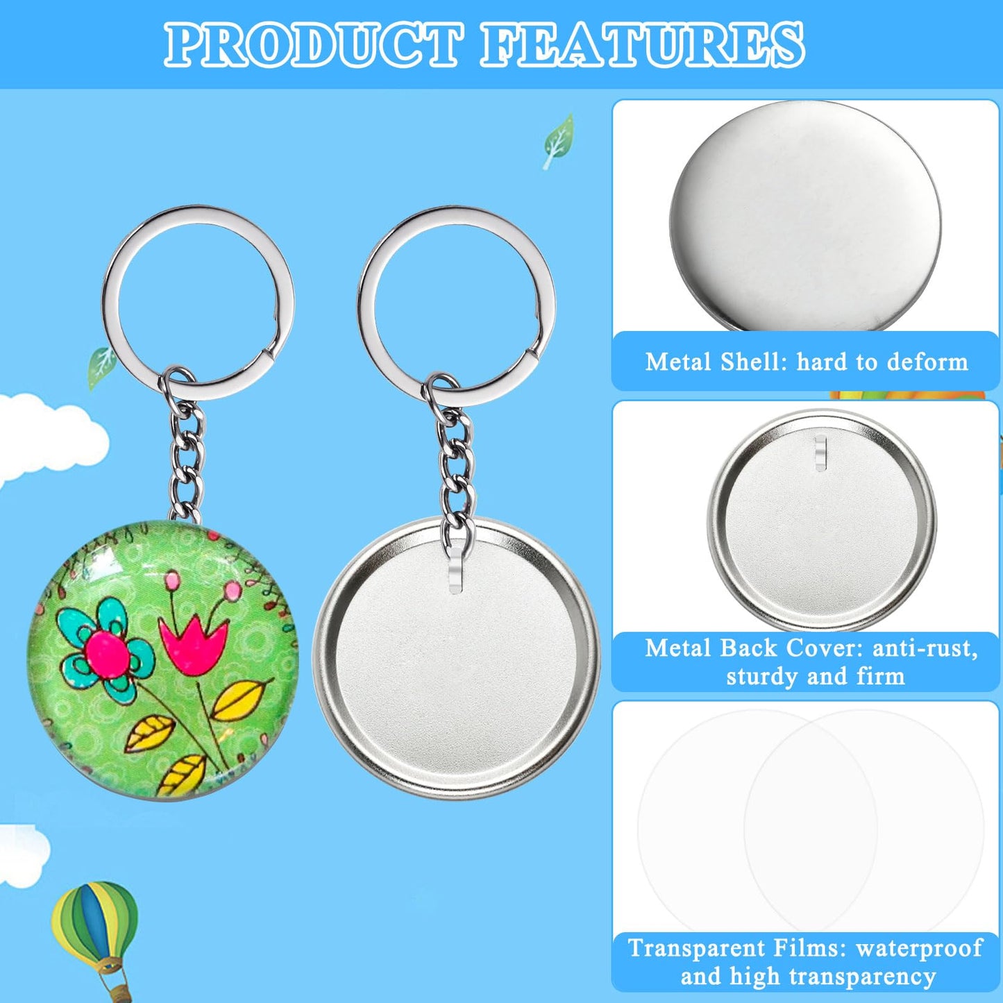 Milkary 250Pcs Button Maker Keychain Supplies, 50 Sets 58mm Metal Keychain Making Supplies for Button Maker Machine, Badge Sets with Metal Shell Back Cover Transparent Film Blank Paper Chain