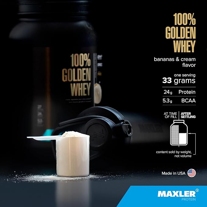 Maxler 100% Golden Whey Protein - 24g of Protein per Serving - Premium Whey Protein Powder for Pre Post Workout - Fast-Absorbing Whey Concentrate, Isolate & Hydrolysate Blend - Bananas & Cream 5 lb