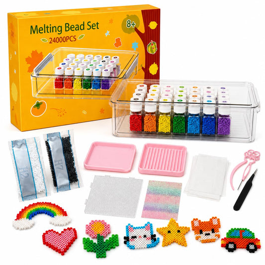 24000 6mm Fuse Beads Kit - 24 Colors, Homeschool Arts and Crafts Supplies for Kids, Art Decorations for Room,Give 1000 Black and 1000 White Beads,Birthday Gifts for Girls and Boys Age 8+