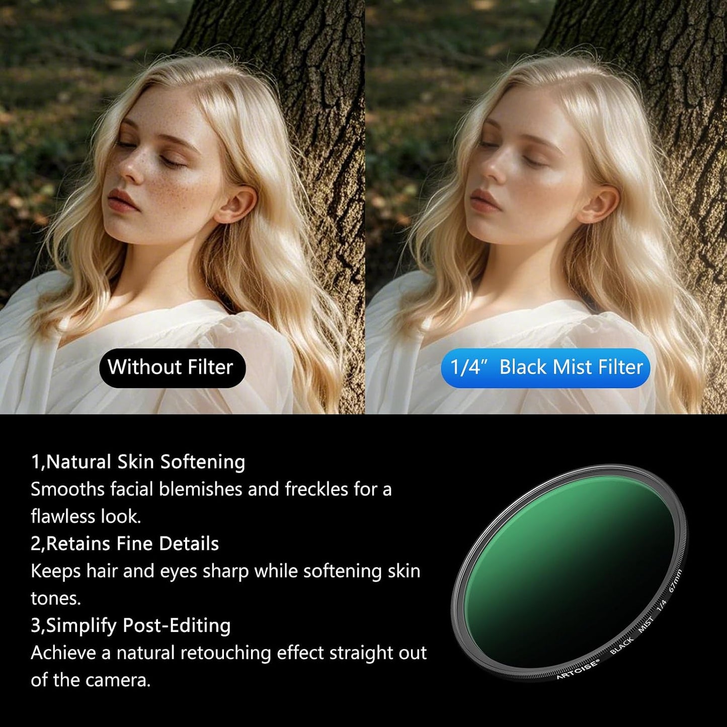 ARTCISE 1/4 67mm (37mm) Black Mist Filter - HD Optical Glass Filter for Cinematic Glow, Reduces Harsh Highlights