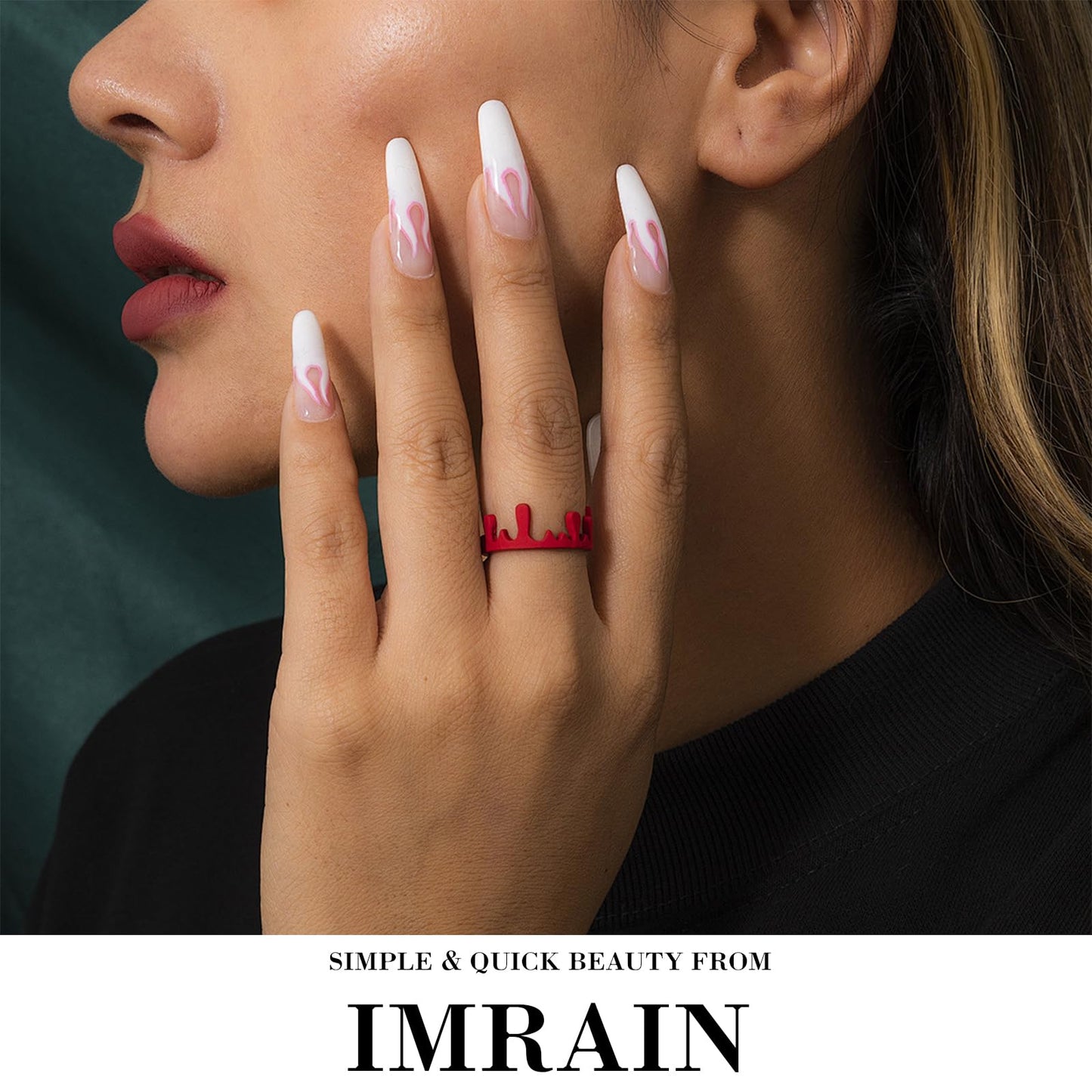 IMRAIN Long Press on Nails Square Fake Nails Black French False Tip with Bow & Cherry Design Leopard Print Glossy Artificial Acrylic Nails for Women Manicure 24Pcs