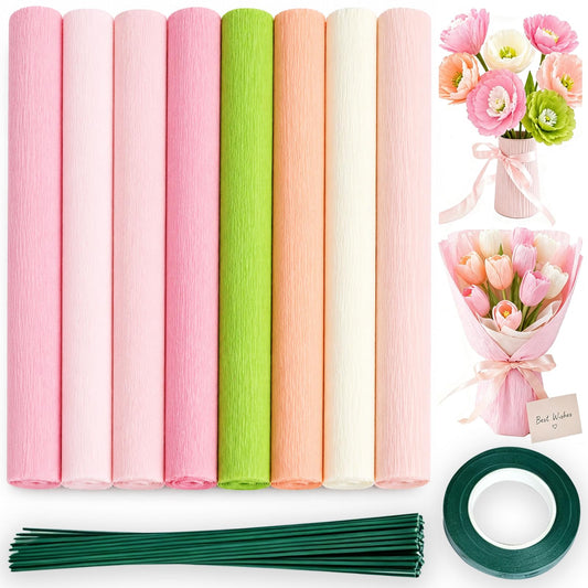 59 Pcs Crepe Paper Flowers DIY Kit, 8 Colors Crepe Paper Rolls with Green Floral Stem Wire and Floral Tapes for Making Roses Wedding Birthday Party Decoration DIY Art Crafts (Pink Series, Green)