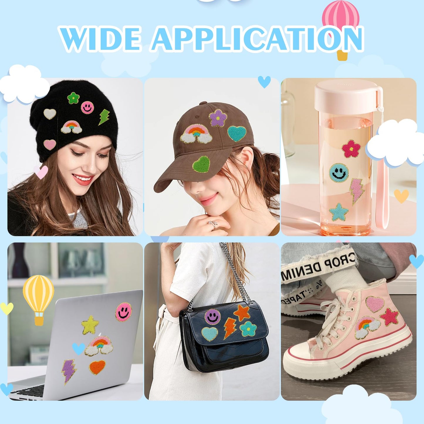 60 Pcs Self Adhesive Chenille Patches, Cute Stick on Colorful Heart Lightning Rainbow Sticker Patches for Clothing Fabric Backpacks Hat