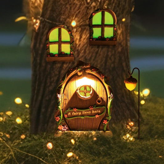 MEETYAMOR Miniature Fairy Garden Accessories, 4 PCS Glow-in-the-Dark Opening Fairy Door & Windows for Trees, Magical Yard Art Outdoor Statues, Fairy House Kit Garden Decor for Outside, Patio