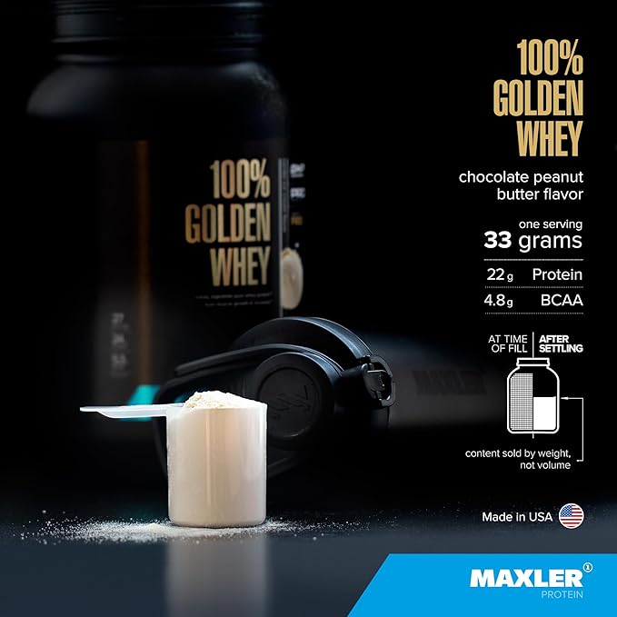 Maxler 100% Golden Whey Protein - 22g Protein per Serving - Premium Whey Protein Powder for Pre Post Workout - Fast-Absorbing Whey Concentrate Isolate Hydrolysate Blend - Chocolate Peanut Butter 2 lb